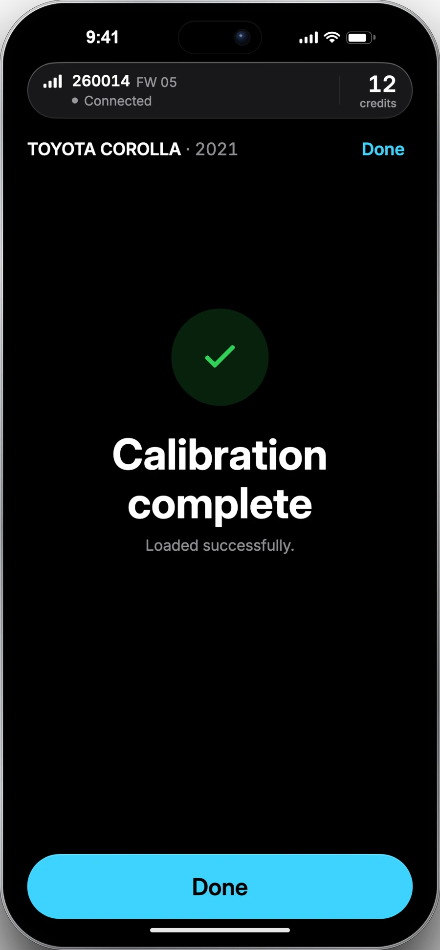 SConnect app showing a completed calibration